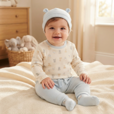 N14755: Baby Boys Waffle Fabric Top, Pant, Hat & Socks Outfit (0-9 Months)